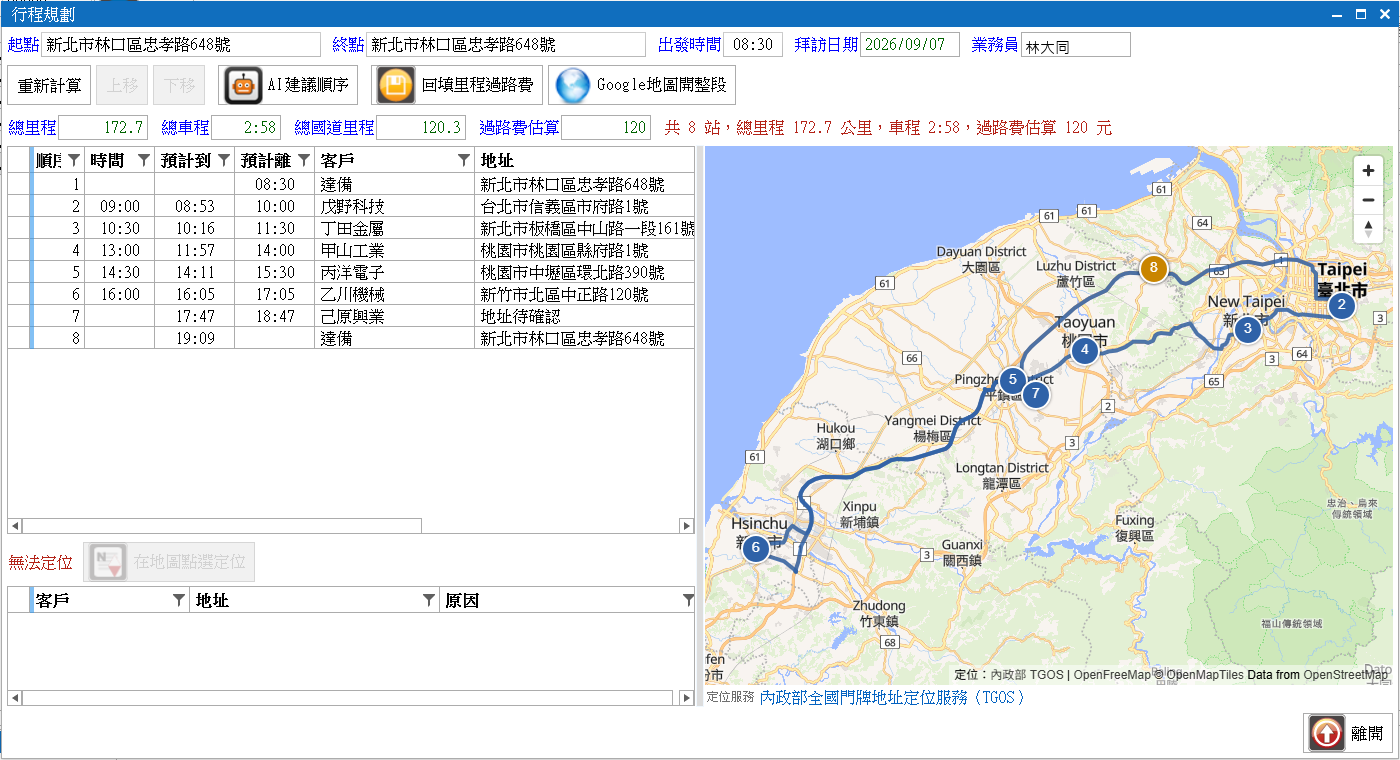 行程規劃視窗：上方起訖點與出發時間、行程表（含預計到達／離開）、四項合計與右側地圖